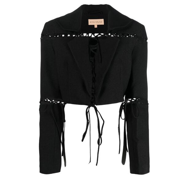 Aya Muse Sycamore Lattice Lace Up Crop Jacket Black Size M - Picture 4 of 10